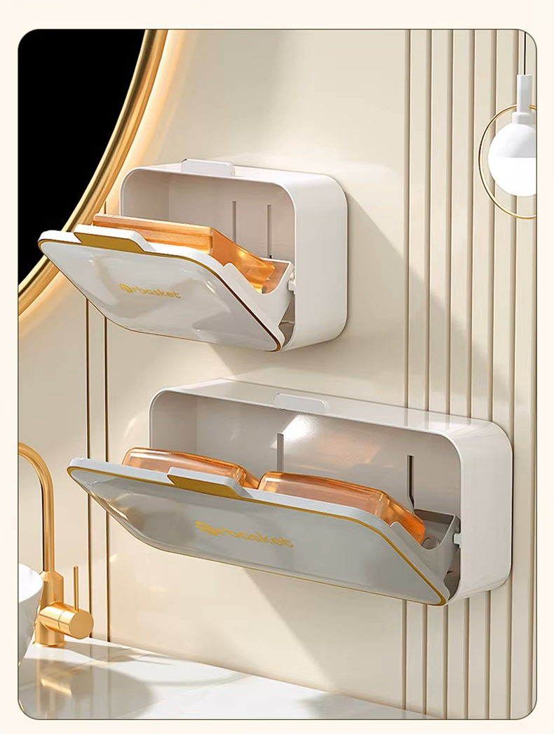 Wall-Mounted Double Soap Box with Lid – No-Drill Drainage Bathroom Holder - Image 3